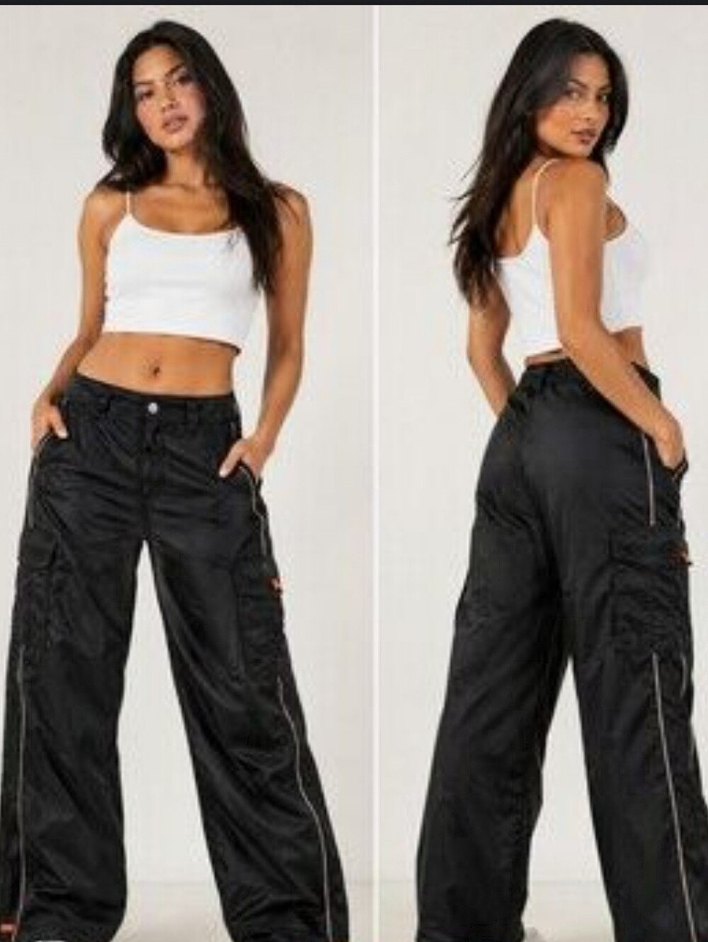 UNIF HTTP Black Satin Cargo Pants White Piping Women's 26 Streetwear